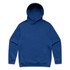 A blue hoodie featuring a front pocket and a classic hood design, with a logo on the chest.