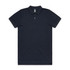 A navy blue Pique Polo shirt with a collar and button placket, featuring a logo on the chest.