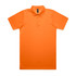 An orange polo shirt with a collar and short sleeves, featuring a logo on the neck.