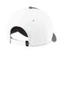 A white cap with a grey visor and an adjustable strap at the back, featuring a logo.