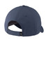 A navy blue cap featuring a back opening and an adjustable strap, with a logo present on the design.