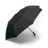 A compact black umbrella with a sturdy handle and a sleek, modern design. Features a branding logo on the handle.