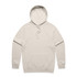 A beige hoodie with a front pocket and a drawstring hood, featuring a small logo.
