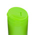 A drink bottle in bright green with a flip-top lid and a smooth finish. Features a logo.
