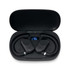 Black ear buds sitting in a charging case, featuring a digital display on the inside of the lid.
