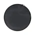 A round black duffle bag with a zip closure and a flat pocket on one side. It features a logo.