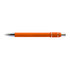 An orange metal pen with a silver tip and accents, featuring a logo.