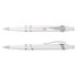 A white plastic pen with silver accents, featuring a clip and a smooth writing tip, plus an additional view of the same pen.