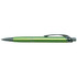 A green metal pen with a textured grip and a clip, featuring a shiny silver tip. It has a logo on the side.