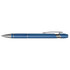 A blue metal pen with a shiny silver clip and accents. The pen features a sleek design and a branded logo.
