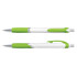 Two plastic pens featuring a white barrel with green accents and silver detailing. One pen has a grip section.