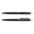 A set of black plastic pens, sleek design with a silver clip and accents, featuring a branding logo.