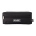 A black pencil case with a zip closure and a logo on the front. Contains a simple rectangular shape.