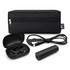 A black tech pack featuring a charging case with earbuds, a power bank, and a USB cable, all in a zippered pouch.