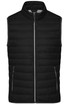 A black men's down vest with zippered pockets and a high collar. It features a logo on the front.