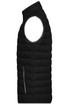A black men's down vest with a high collar and a side zip pocket, featuring a quilted design and no sleeves.