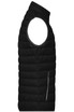 A black down vest with a high collar and a zippered pocket, featuring a branded logo.