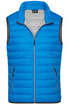A blue men's down vest with a zip front and side pockets, featuring a grey lined interior and black trimming.