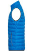 A blue down vest with a sleeveless design, featuring a zippered pocket on the side and a logo.