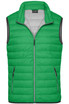 A green men's down vest with a zip front and two side pockets, featuring a logo on the chest.
