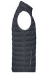 A dark grey men's down vest, featuring a sleeveless design and a side zip pocket, also includes a logo.