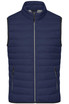A navy men's down vest with a zip front and two side pockets, featuring a logo.