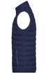 A navy blue men's down vest with a high collar and one side zip pocket, featuring a logo.
