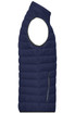 A navy men's down vest with a high collar and side zip pocket, featuring a quilted design.