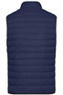 A navy mens down vest with a quilted design and a high neckline, featuring a logo on the back.
