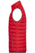 A red men's down vest with a side zipper, featuring a lightweight, padded design and no sleeves.