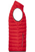 A red men's down vest featuring a high collar, zippered pocket, and a sleeveless design. It has a logo on it.
