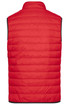 A red men's down vest with a quilted design, featuring a black trim and no sleeves.