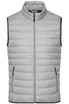 A grey men's down vest featuring a zip front and side pockets, with a contrasting black trim.