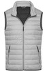 A grey men's down vest with a zip front and side pockets, featuring a simple black branding logo.