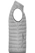 A men's down vest in light grey featuring a high collar and a zippered side pocket. It has a logo on the fabric.