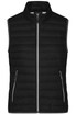 A black ladies down vest with zippered front pockets and a stand-up collar. It features a simple design and has a logo.