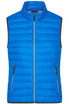 A bright blue ladies down vest with a quilted design, featuring a high collar and zippered front pockets.