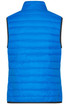 A bright blue down vest with a quilted design and a high collar. It features a contrasting black trim and has a logo.
