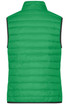 A green ladies down vest with a quilted design and a high collar. It has a logo on the back.
