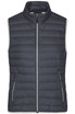 A ladies' down vest in dark grey with a zip front and two side pockets, featuring a logo.