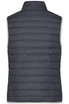 A navy ladies down vest with a quilted design and a high collar, featuring a grey inner lining.