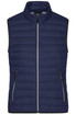 A navy down vest with a zip front and two side zip pockets, featuring a logo on the chest area.
