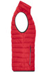 A red ladies down vest featuring a sleeveless design and a zip pocket. The fabric has a quilted texture.