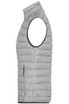 A light grey down vest featuring a sleeveless design and a side zip pocket, with a logo on the fabric.
