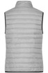 A light grey ladies down vest with a quilted design and a black trim, featuring no sleeves.
