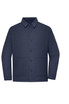 A unisex navy shirt jacket with a button-up front and two front pockets. It features a collar and has a logo.