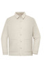 A beige unisex shirt jacket with a collared neck, button front, and two side pockets. It features a logo on the chest.