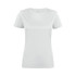 A white women's active t-shirt with a round neckline and short sleeves, featuring a logo on the front.