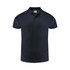 A navy blue men's polo shirt with a collar and short sleeves, featuring a branding logo.