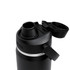 A drink bottle with a black body and a silver band, featuring a screw-top lid and a flip-open spout.